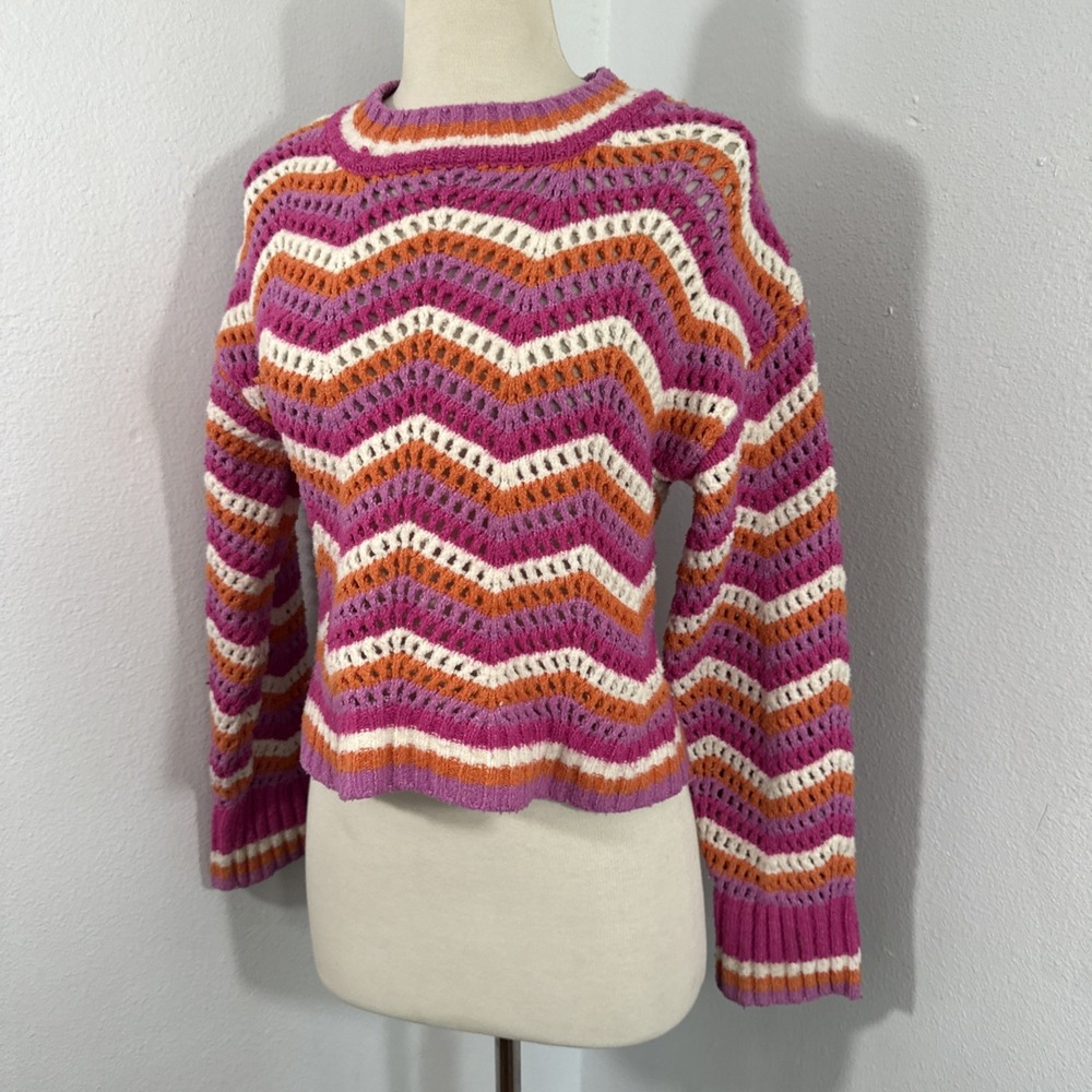 Hippie Rose Sweater Womens XS Multi Chevron Pointelle Knit Boho Indie Soft Girl